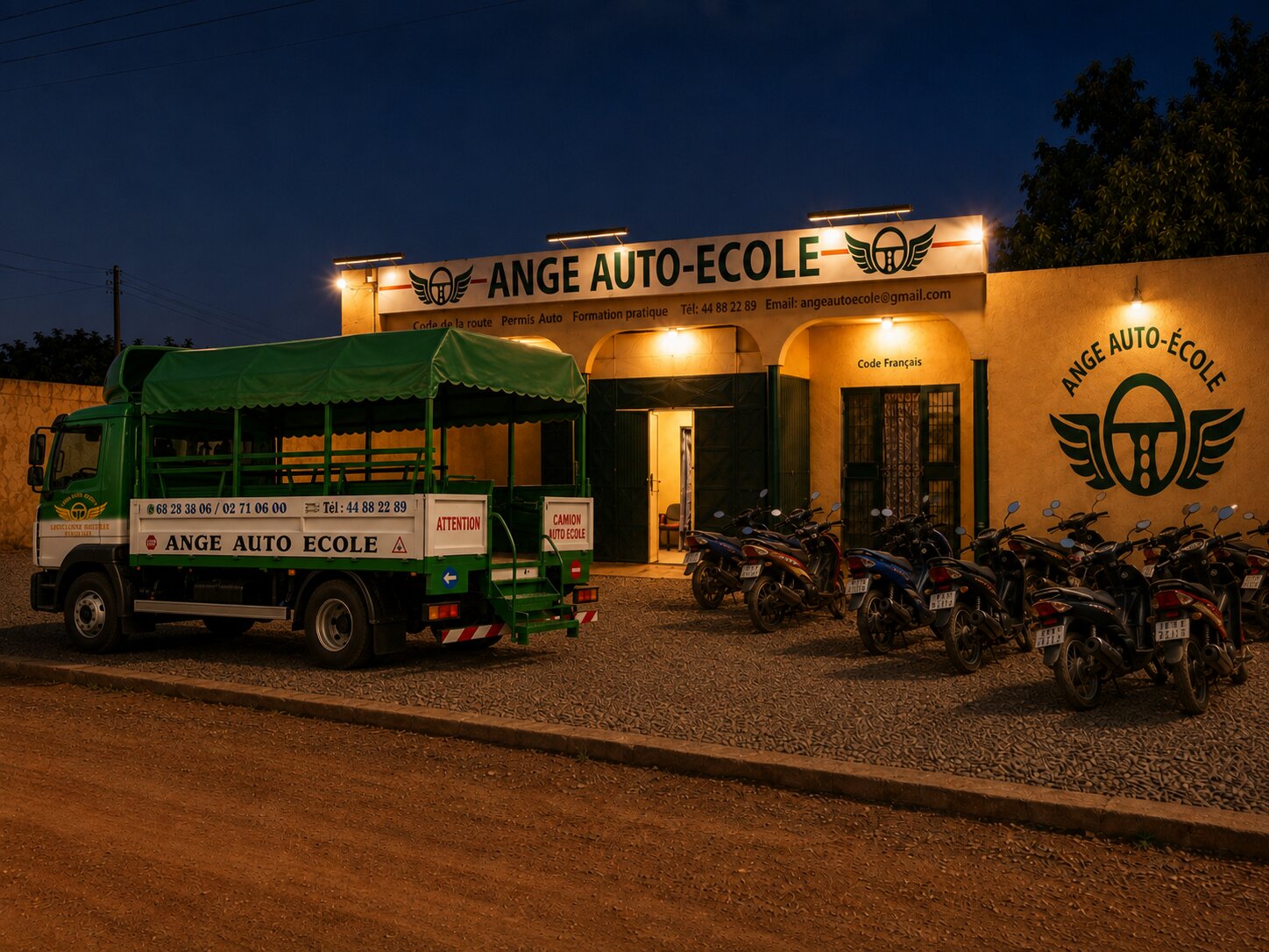 Façade d'Ange Auto-École de nuit, avec le camion et les motos-écoles
