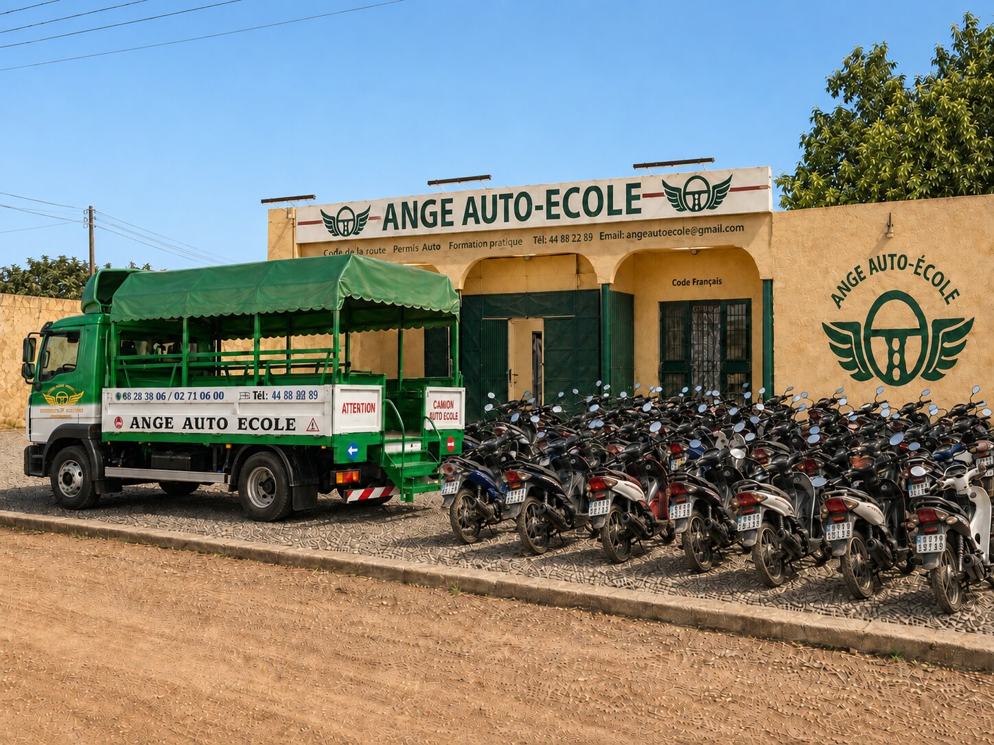 Flotte de motos-écoles garées devant Ange Auto-École