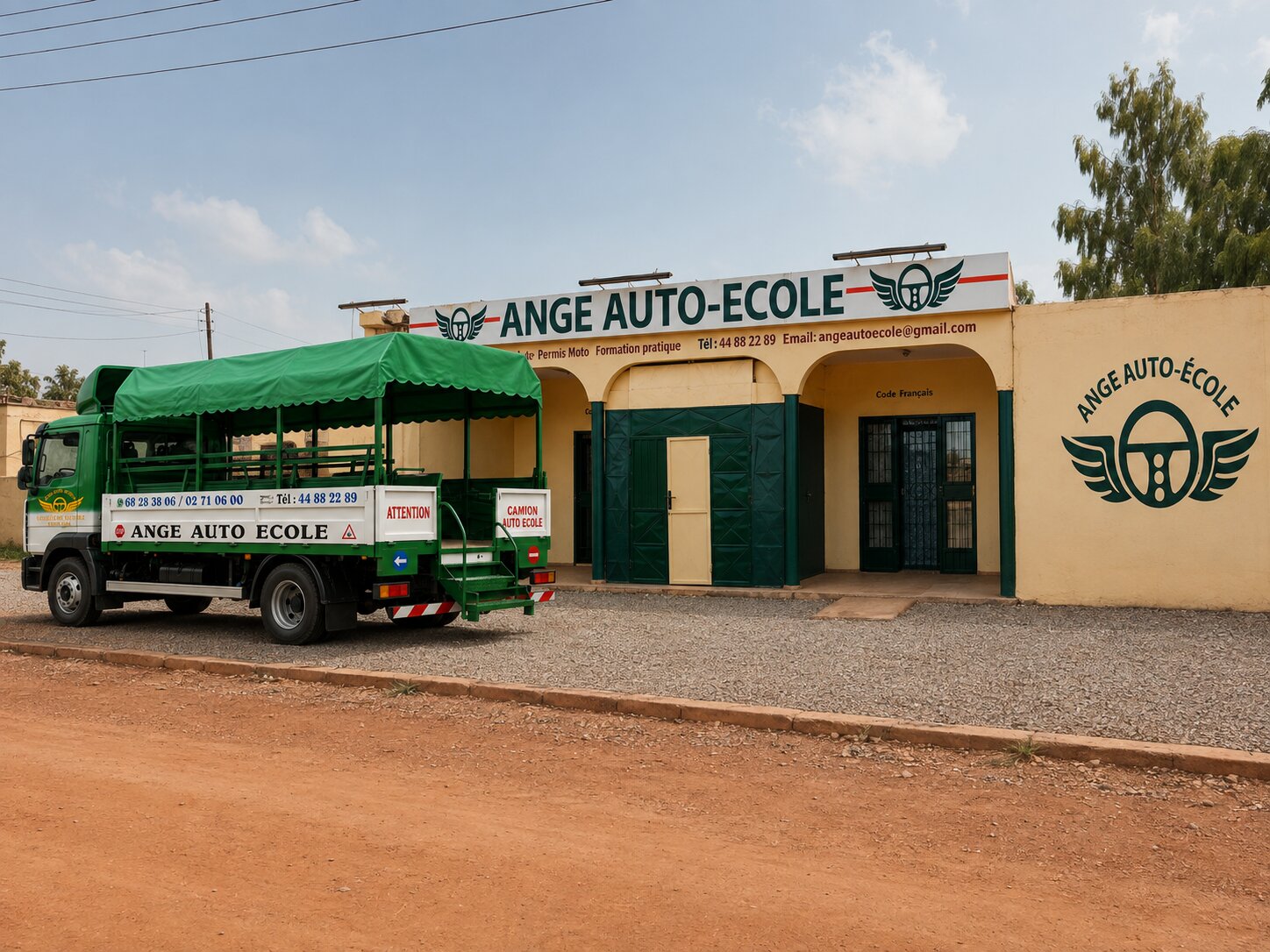 Camion-école et façade d'Ange Auto-École de jour